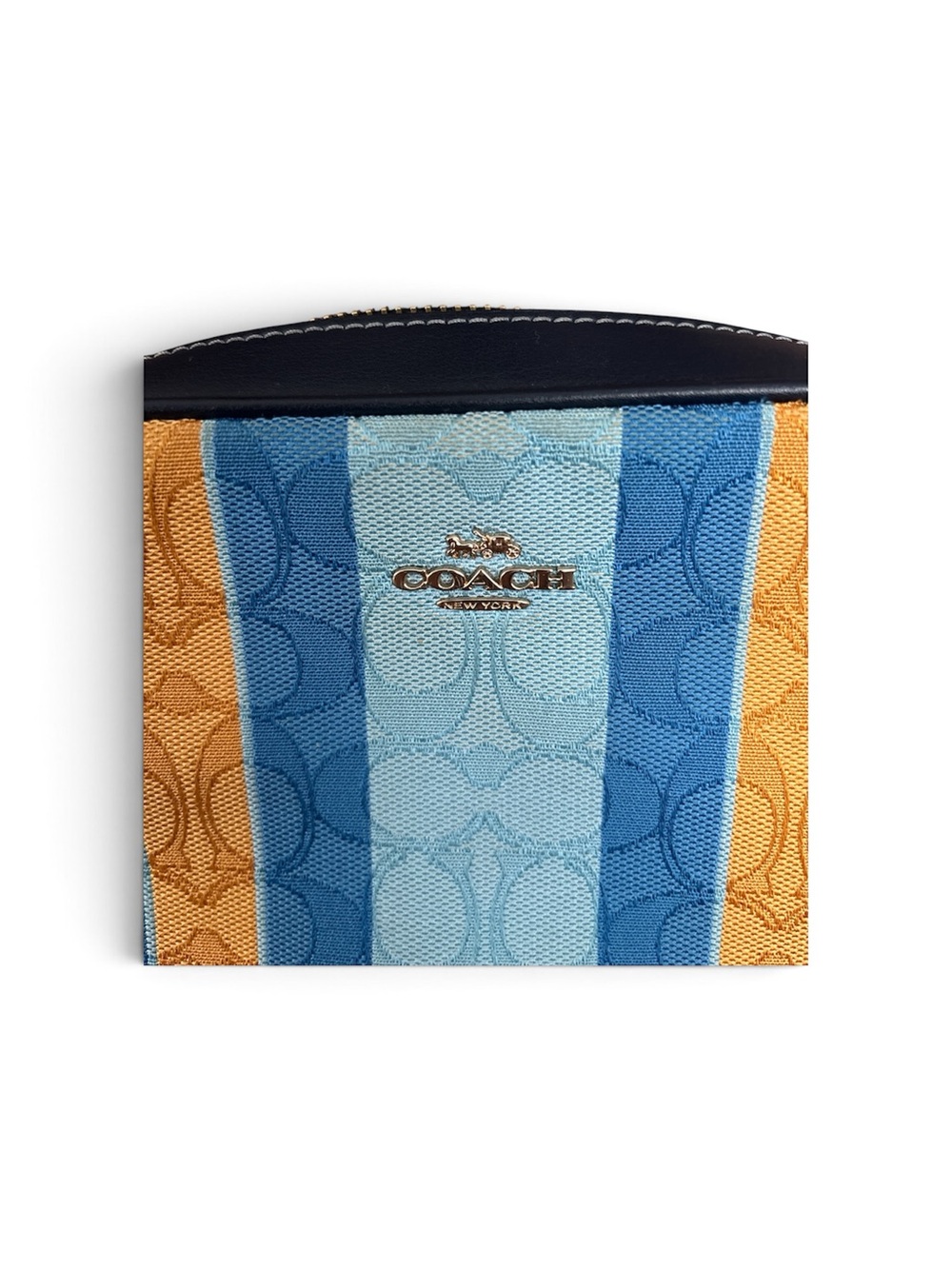Coach mini Camera bag in yellow and blue stripes and a blue wristlet wallet. - Picture 4 of 7